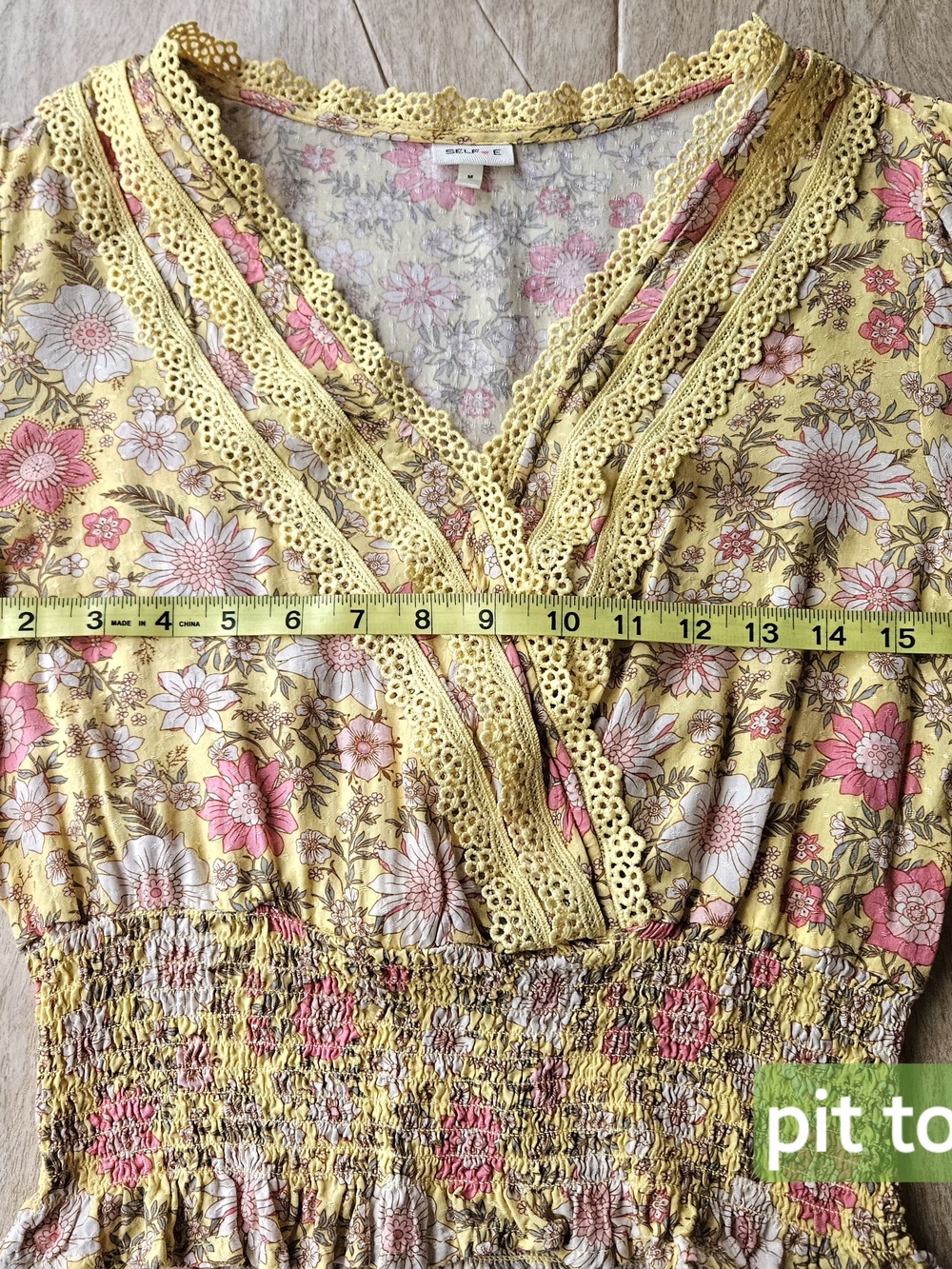 Yellow Pink Floral Boho Faux Wrap Smocked Blouse Lace Size M - Picture 8 of 14